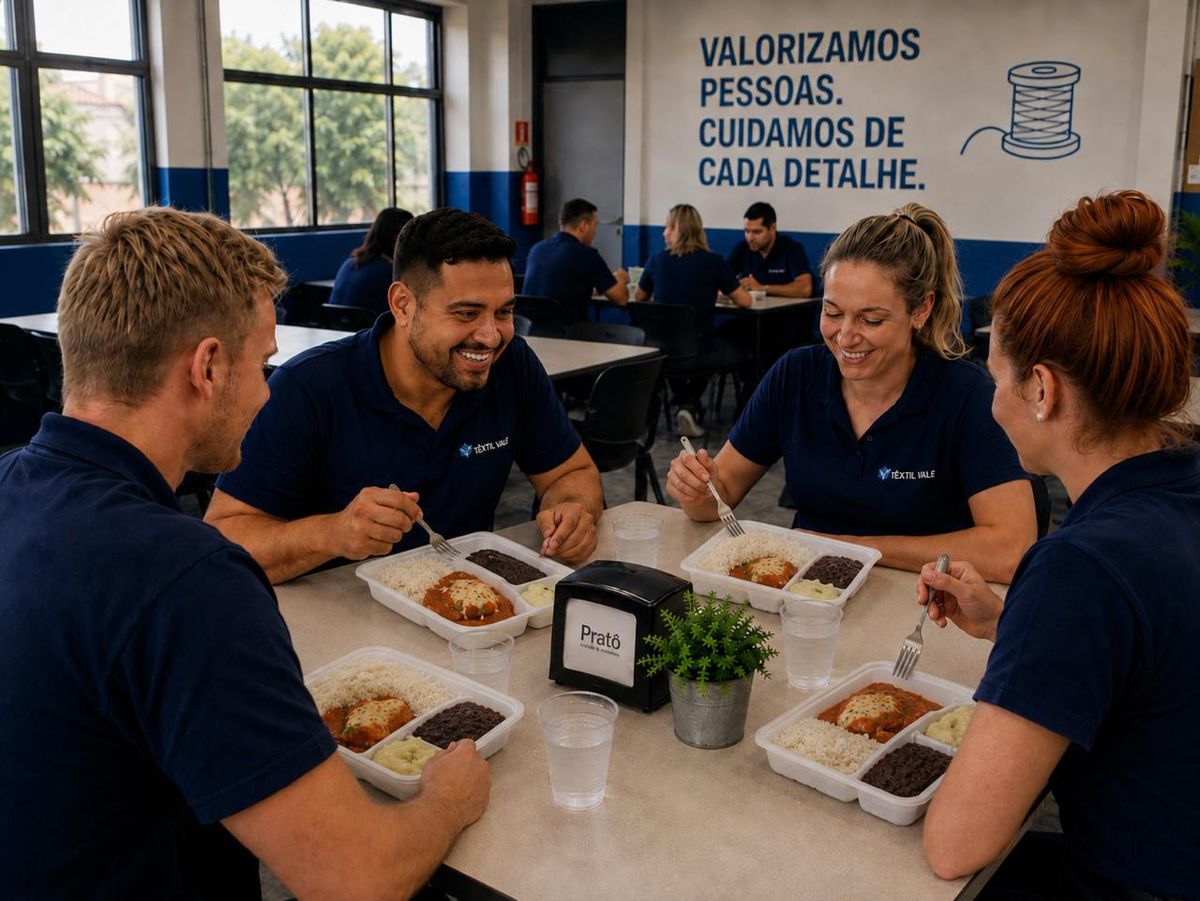 Colaboradores de uma indústria almoçando as refeições da Pratô
