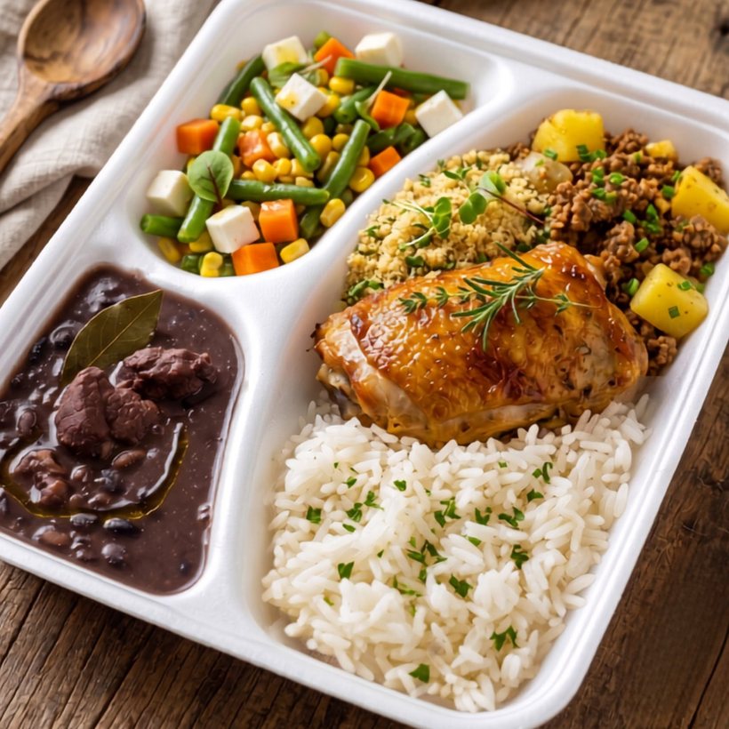 Marmita da Pratô com arroz, feijão, frango assado, carne moída e legumes